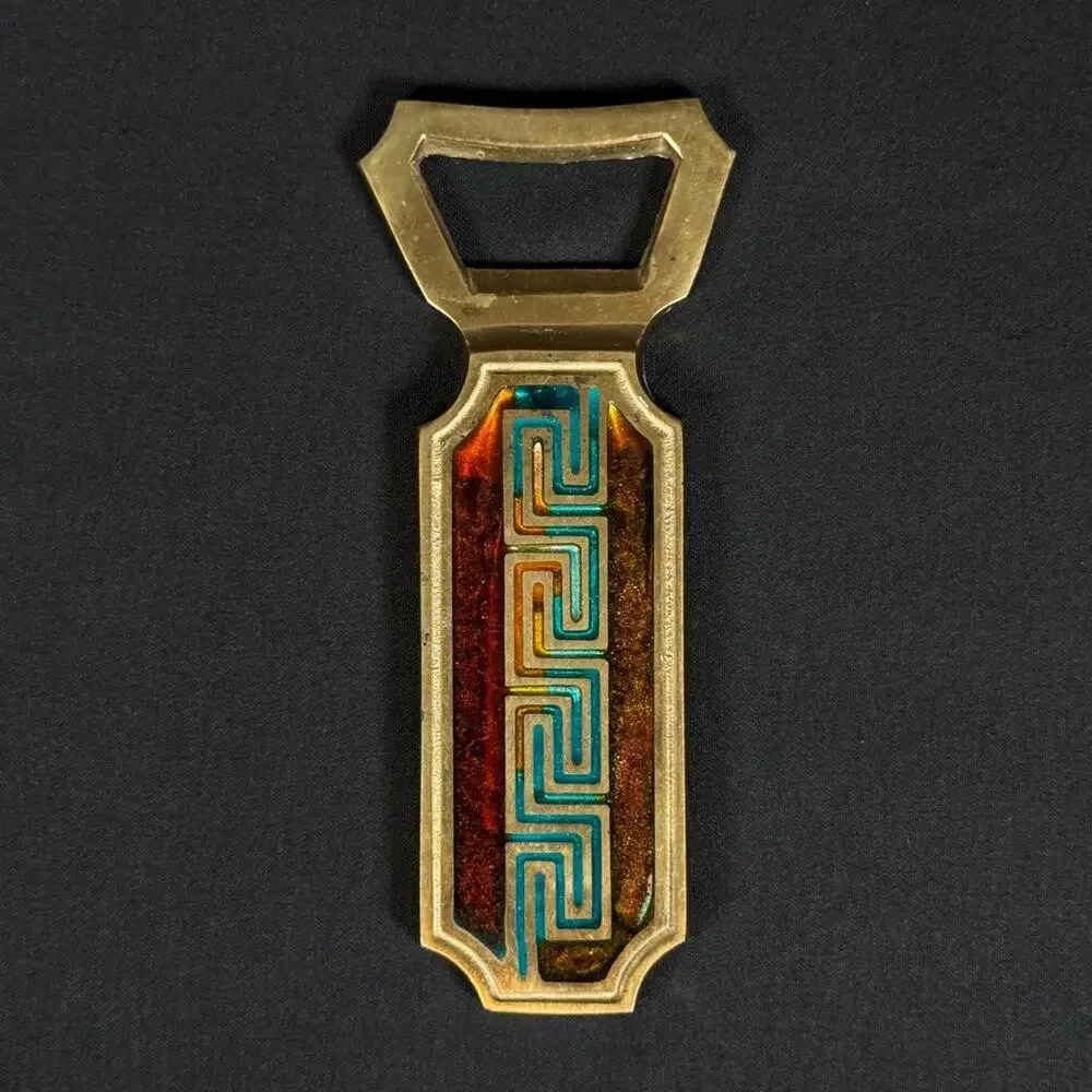 BRASS Enamel GREEK Key Design Bottle Opener Vintage